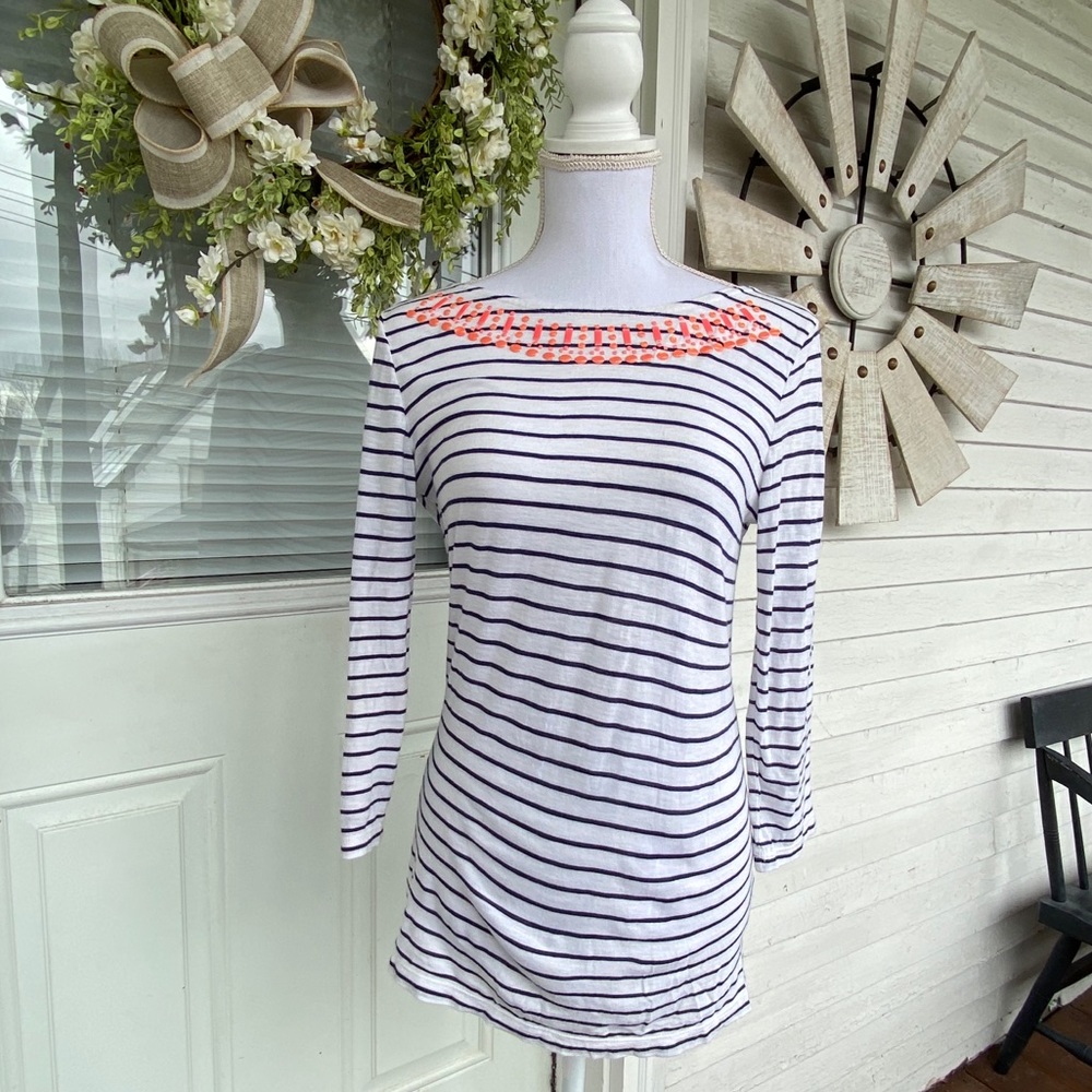 GAP Nautical Blue Striped Top with Beaded Neckline